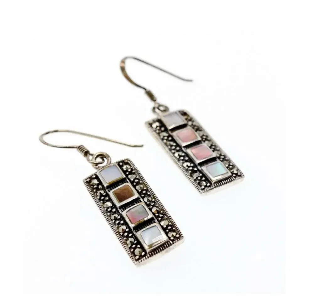 925 Sterling Silver Mother OF Pearl & Marcasites Earrings